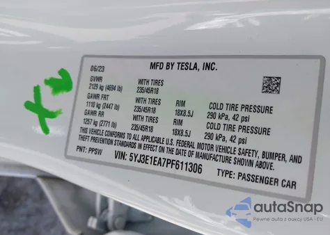 2023 Tesla Model 3 Rear-Wheel Drive z USA, uszkodzony, nr VIN 5YJ3E1EA7PF611306